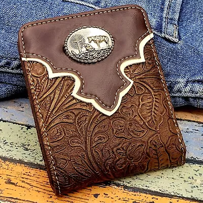  Praying Cowboy Mens Wallet Short Bifold Embossed Brown Faux Leather  • $19