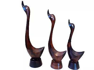 Vintage Teak Wood Geese Ducks Birds Set Of 3 Sculpture  Mcm Retro  15.5  • $127.50