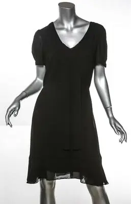 SAINT LAURENT Womens Black Silk Short Sleeve Tie Neck Ruffle Flounce Dress 10/42 • $275