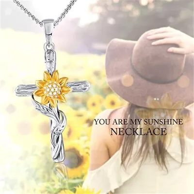 Silver Color Sunflower Cross Necklace For Women You Are My Sunshine Necklac*. • $7.38