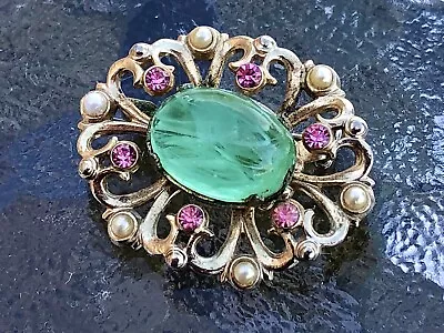 Vtg Coro Flawed Emerald Glass Brooch Pin With Seed Pearls- Signed RARE • $75