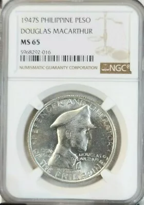 1947 Philippines Silver 1 Peso Douglas Macarthur Ngc Ms 65 Pq Gem Bu Beauty • $144.95