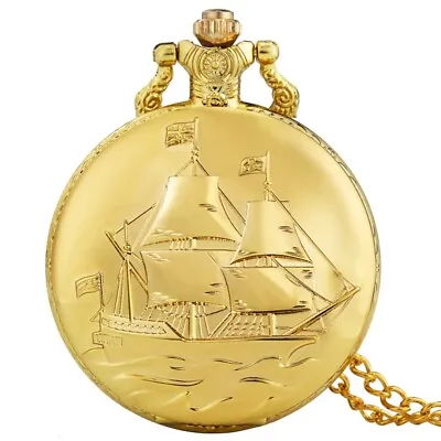 Quartz Gold Sailing Boat Design Pocket Watch Retro Pendant With Chain Xmas Gifts • $4.99