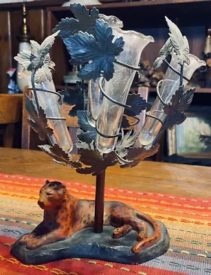 $89 • Buy VINTAGE EPERGNE CAST IRON W TOLE LEAVES LEOPARD CAT FLOWER VASE PROPERGATION