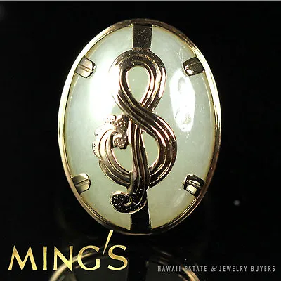 Ming's Hawaii Rare Jade Green Treble Clef Music Note 14k Yellow Gold Ring Sz6.25 • $1050