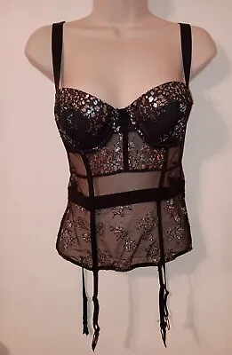 Victoria's Secret 34C Metallic Black & Silver Floral Bustier Merry Widow Garters • $22