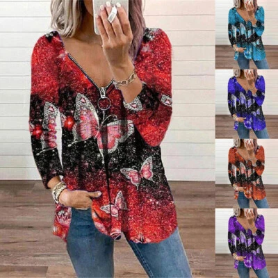 £7.79 • Buy Women Butterfly Printed Zipper Blouse T-Shirt Ladies Long Sleeve Baggy Tops Tee