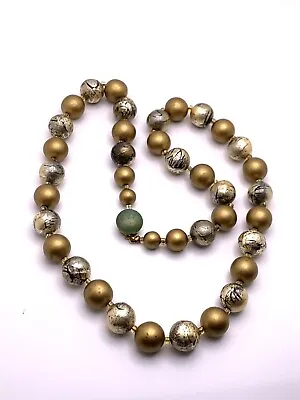 Vintage Bead Necklace Brass Metal With Green Glass Clasp Gold Tone 21  • $10.54