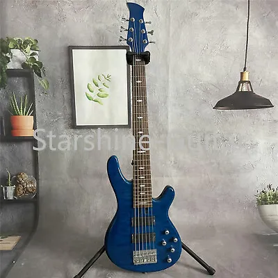 Blue Electric Bass Guitar 6 String Quilted Maple Top HH Pickup Chrome Hardware • $258.54