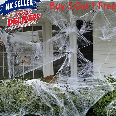 LARGE STRETCHY SPIDER WEB COBWEB & SCARY SPIDER HALLOWEEN PARTY In/Outdoor DECOR • £3.59