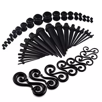 $6.99 • Buy 16-52Pcs Ear Stretching Kit Ear Gauges Black Acrylic Spiral Tapers Plugs 14G-00G