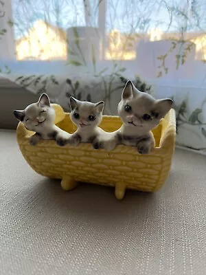 Vintage NAPCO 3 Little KITTENS Cats In BASKET Basketweave Planter Japan Ceramic • $29.99