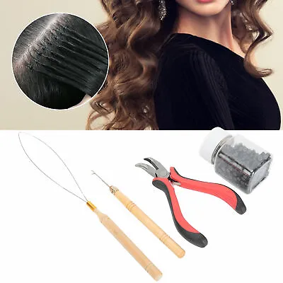 Silicone Lined Micro Beads Hair Extensions Nano Rings Loop & Hook Tool Kit • £10.72