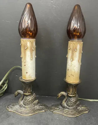 Antique Faux Candle Stick Electric Swan Table Lamps Flame Bulbs Cast Metal • $126.75