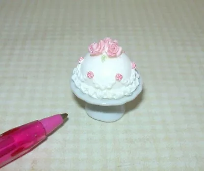 Miniature White Dome Cake W/Pink Roses On Ceramic Cake Plate:  DOLLHOUSE 1:12  • $8.98