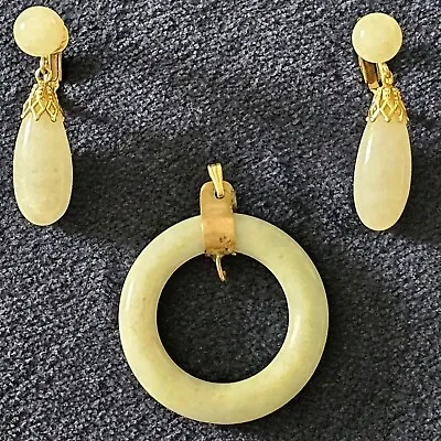 Antique 14k Gold Jade Circular Pendant & 12k Gold Fill Mutton Fat Jade Earrings • $84.99