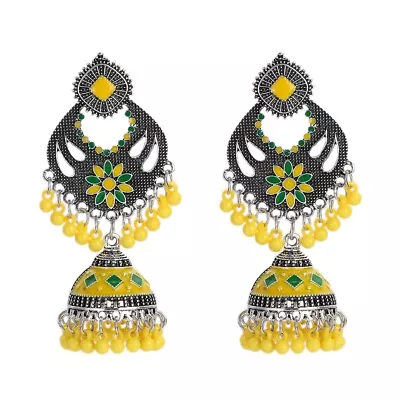 Vintage Ethnic Bead Drop Indian Earring Yellow Bell Tassel Jhumka Gypsy Earring • $5.14