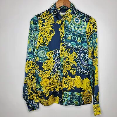 Versace Collection Womens 100% Silk Blouse Size 40 Baroque Blue Gold Art To Wear • $110