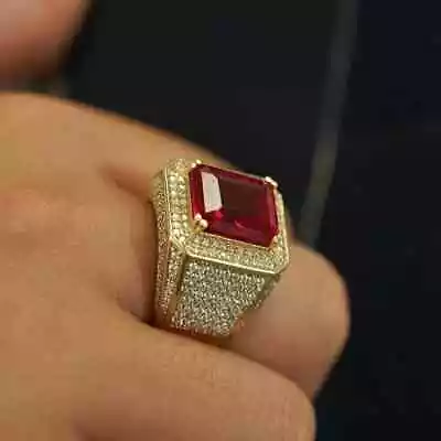 Men's Engagement Band Ring 3 Carat Lab Created Ruby Yellow Gold Plated Silver • $191.06