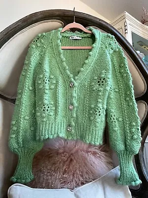 ZARA Alpaca Knit Sweater Cardigan Pom Pom Rhinestone Buttons Pale Green Small • $44.95