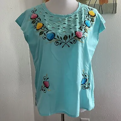 Mexican Womens Blue Floral Hand Embroidered Boho Short Sleeve Cottagecore Top 36 • $20.95