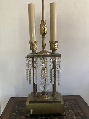 Vintage Metal Table Lamp With Hanging Chandelier Crystals MCM 31” • $95