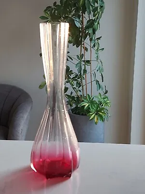 Vintage Art Glass Vase Cranberry & Clear 12  • £12