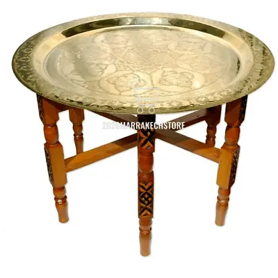£249.02 • Buy Handmade Moroccan 20  Round Brass Tray Tea Table With Folding Wood Stand New 