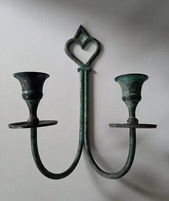 VINTAGE !!! 2 ARMS BLUE Brass METAL WALL SCONCE Candle Holder Size: 23 X 15 Cm • £24.99