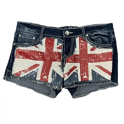 Rue 21 Shorts Womens 9/10 Denim UK British Flag Raw Hem Sequined Flap Pockets • £16.49