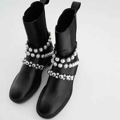 NWT Zara Black Pearl Strap Low Heeled Leather Ankle Boots 2128/612 • $75