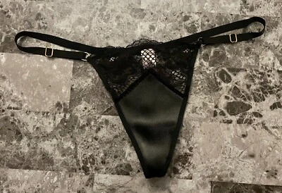 $42.74 • Buy Victoria's Secret Black Faux Leather Lace Gold Adjustable Strap V String Panties