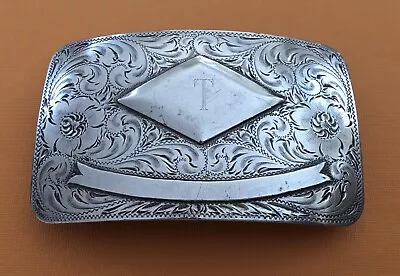 Vintage Rare VISALIA Heavy Sterling Silver Initial T Trophy Banner Belt Buckle • $350