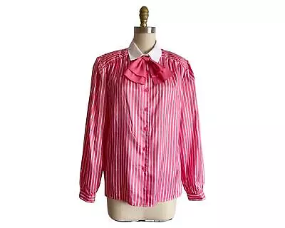 Vintage 1980s Pink Striped Secretary Blouse With Ascot Bow By Pykettes Size L • $44