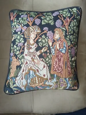 Vintage Medieval Tapestry Pillow Lady Man Deer Birds In Grape Vineyard 13X11  • $49.95