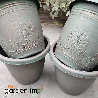 4 X Round Garden Decorative Plastic Plant Pots Aged Copper Patina  17cm Planter • £9.29