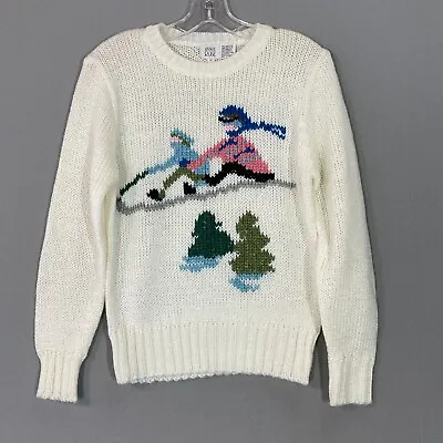 Vintage 80s 90s Womens Sledding Sweater Sled Christmas Holiday White Size M • $67.95