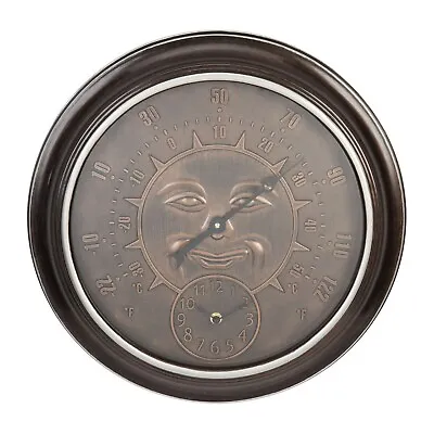 Garden Wall Clock & Thermometer Bronze Effect Outdoors Smiling Sun Dial • £20.19