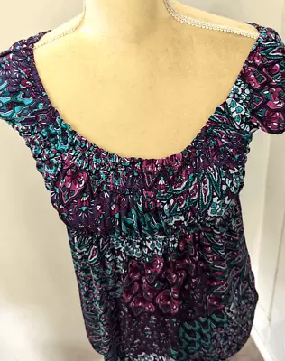 AB Studio Paisley Off Shoulder Top M Polyester Spandex Cap Sleeves • $7