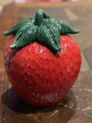 Vintage  Strawberry Shaped Red Cookie Jar W/ Green Stem Cap Lid • $35