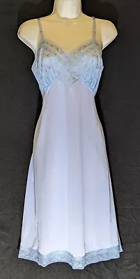 Vintage Vanity Fair Blue Embroidered Chiffon DBL LYR Full Lingerie Dress Slip 36 • $42.95