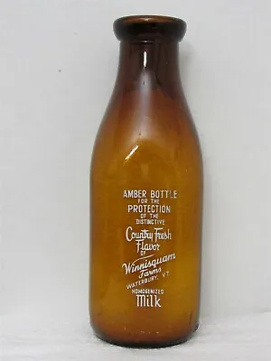 TSPQ AMBER Milk Bottle Winnisquam Farms Dairy Waterbury VT 1959 Protects Flavor • $19.99