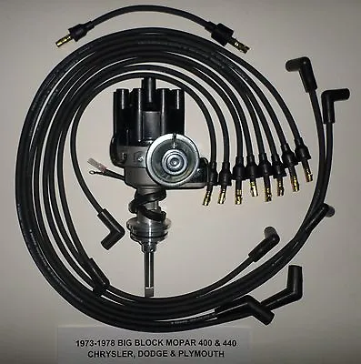 MOPAR 440 1973-78 BLACK Small Female Cap HEI Distributor & 8mm Spark Plug Wires • $124.98