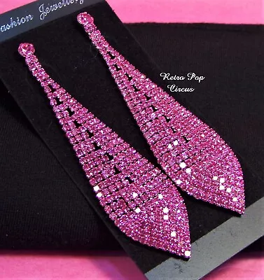 Big Statement Earrings-Hot Pink Long Rhinestone Earrings-Wedding-Prom-Pageant • $16.50