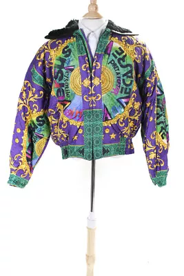 Gianni Versace Mens Silk Abstract Print Zipped Fur Lined Coat Purple Size EUR52 • $299.99