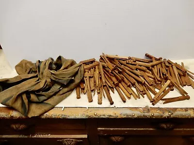 Large Lot Assorted Antique Clothespins And Make Do Denim Bag Circa 1930 • $24.99