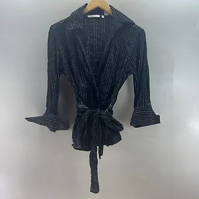 $17 • Buy Zara Woman’s Size L Black Crushed Velvet Fringe Trim Wrap Top Blouse