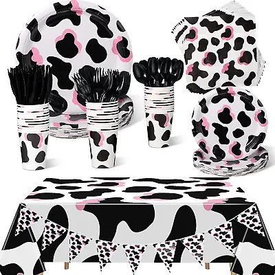 171 Pcs Pink Cow Print Party Supplies Included Plates Cups Napkins Knife Spoons  • £42.27
