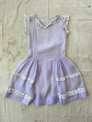 Vintage 1920s Purple Cotton Organdy Lace Short Sleeve Drop Waist Deco Dress • $19.99