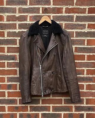 **AWESOME SAUCE** AllSaints Mens DIVERSE Leather Pea Coat / Jacket SMALL Biker • $135.63